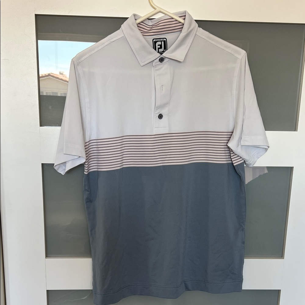 FootJoy Men’s White, Gray & Thin Brown-Striped Chest Golf Shirt Polo, medium
